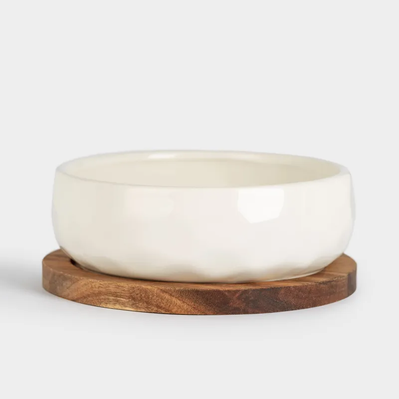 Салат ыдысы, 18х6 см, 890 мл, стендте, керамика/ағаш, сүт түстес, Мыжылған әсер, Crumple kitchen