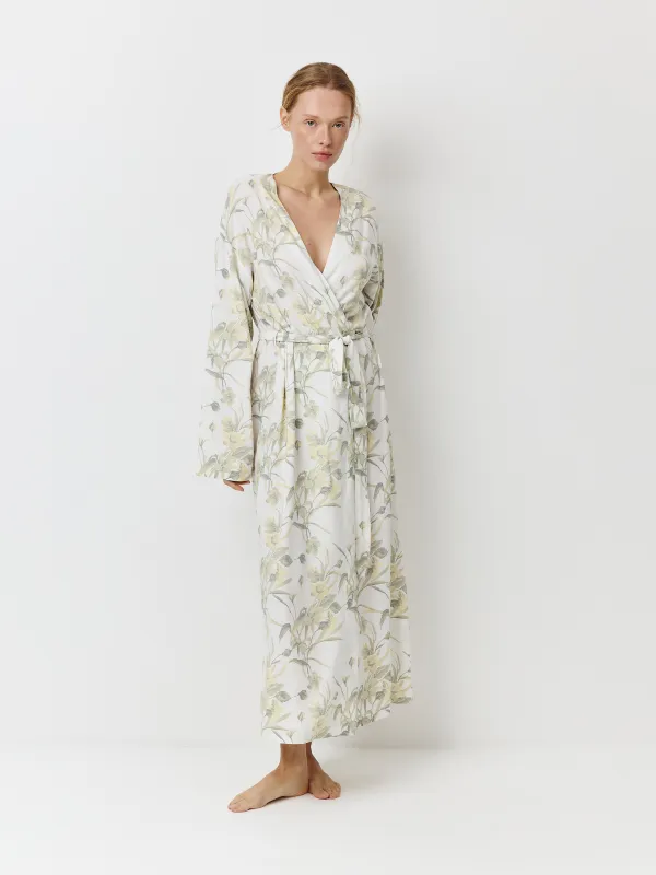 Әйелдер халаты, үйге арналған, өлшемі S, ұзын жеңді, вискоза, сұр, Жапырақтар, Leksli, image-0