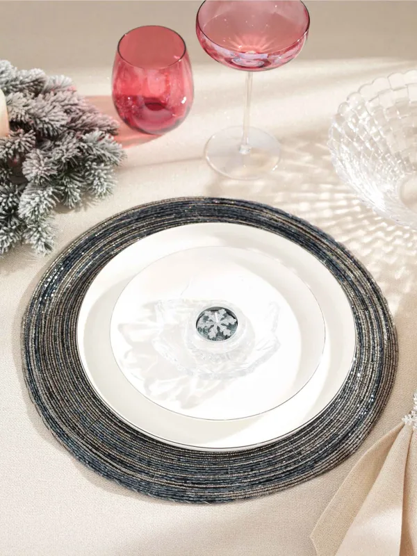 Салфетка под приборы, 36 см, бисер, круглая, серебристо-синяя, Спираль, Rotation beads, image-3