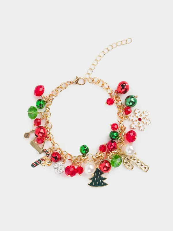 Білезік, 11 см, салпыншақтармен, металл, алтын, қызыл және жасыл моншақтар, Jewelry christmas, image-0