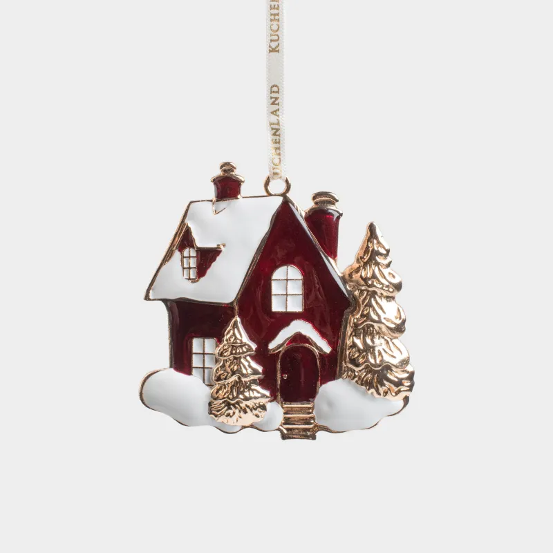 Шырша ойыншығы, 8 см, металл, алтын және қызыл, Қар басқан үй, Figure christmas