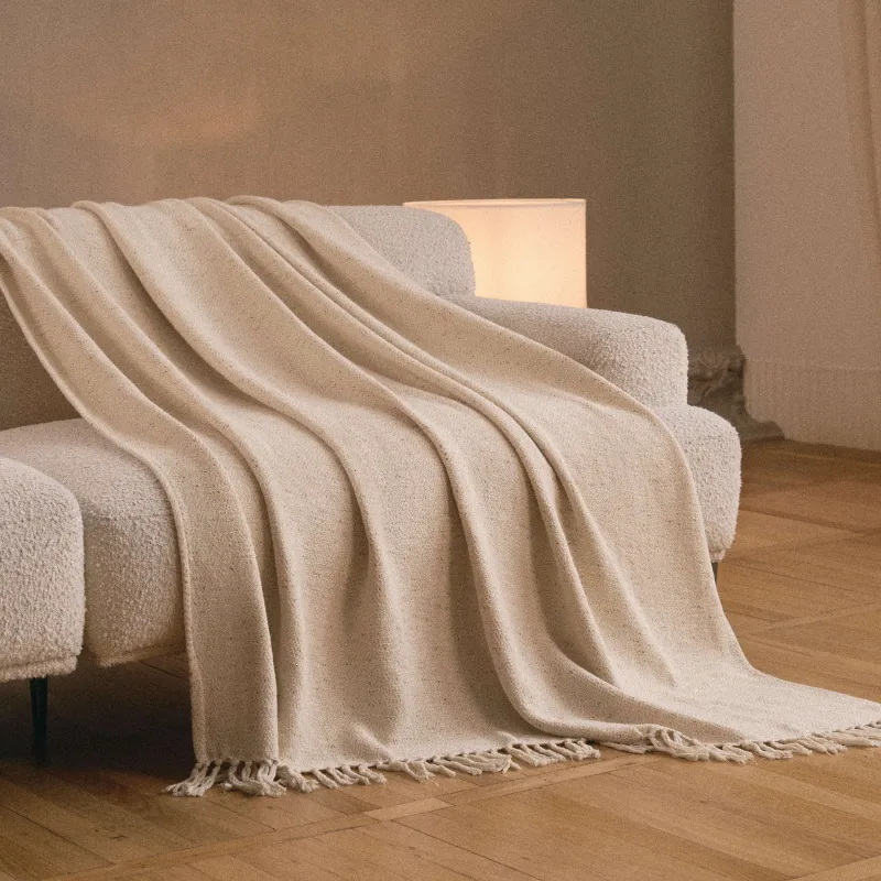 Плед, 130x170 см, с бахромой, хлопок/люрекс, бежевый, Зигзаги, Strike