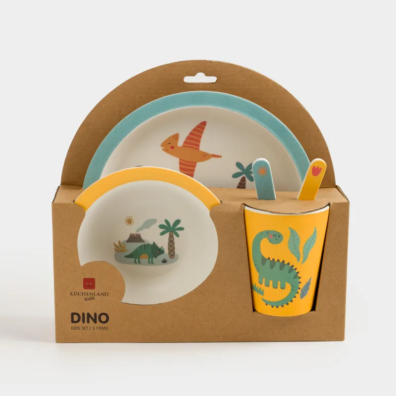 Ыдыс-аяқ жиынтығы, балаларға арналған, 5 зат, бамбук, сары-көк, динозаврлар, Dino, image-3