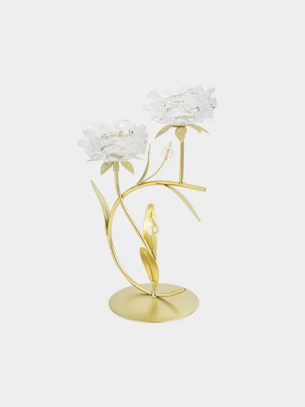 Шам ұстағыш, 30 см, 2 шай шамы, шыны/металл, алтын, Гүлдер, Fantastic flowers, image-2