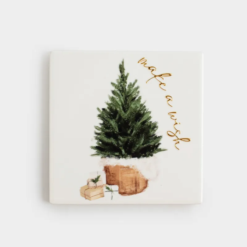Подставка под кружку, 11х11 см, квадратная, керамика/пробка, белая, Елка с подарками, Fir tree