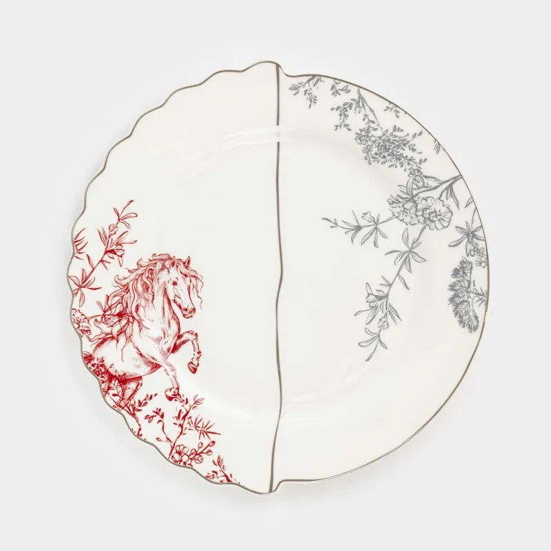 Тарелка обеденная, 29 см, фарфор N, белая, с серебристым кантом, Лошадь, Kairon horse