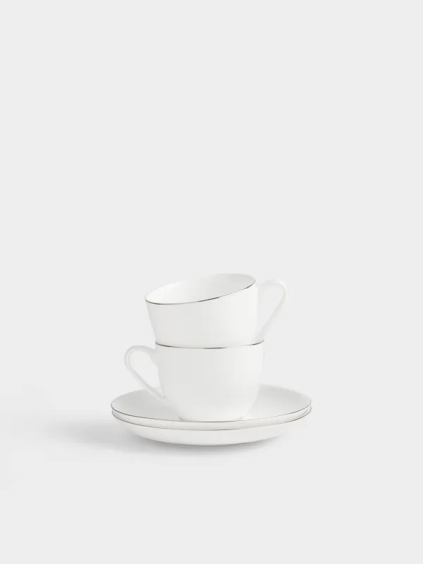 Шәй жұбы, 2 адам, 4 зат, 270 мл, фарфор F, ақ, күміс жиегі бар, Ideal silver, image-0