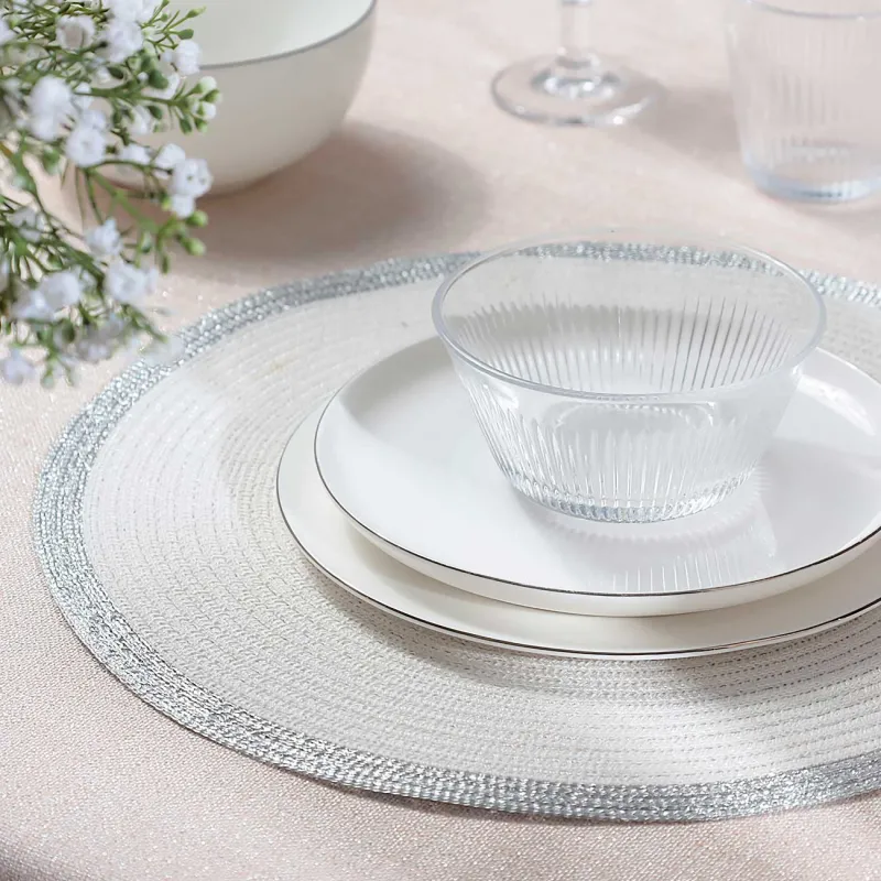 Салфетка под приборы, 38 см, полиэстер, круглая, белая, Серебристая кайма, Rotary rim, image-4