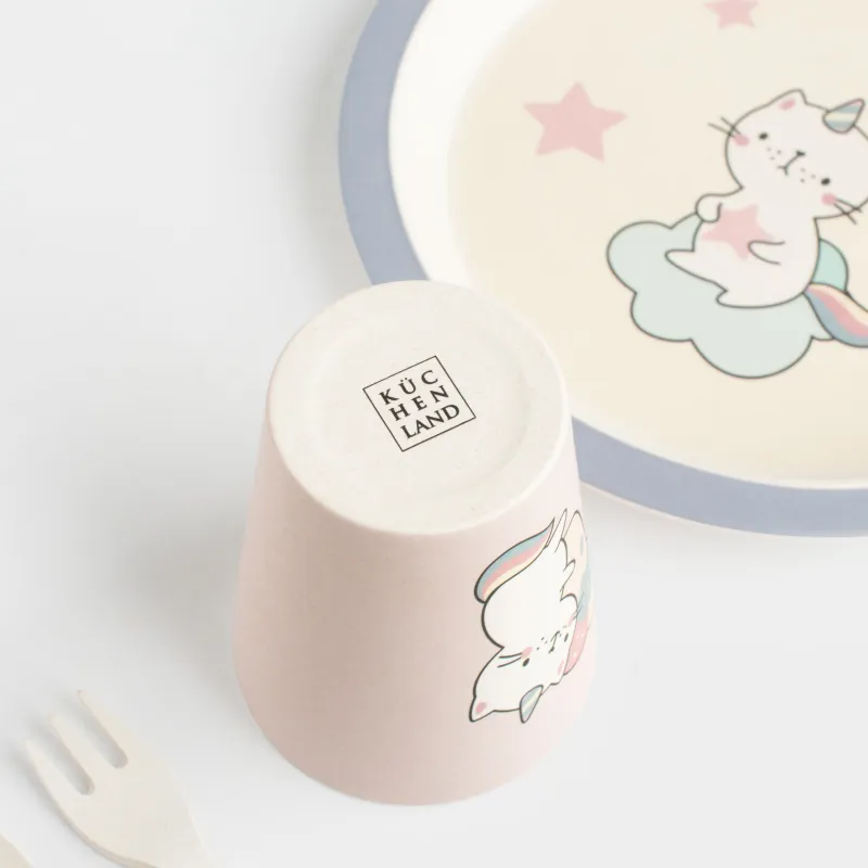 Набор посуды, детский, 1 перс, 5 пр, бамбук, розово-голубой, Кот-единорог, Cat-unicorn, image-7