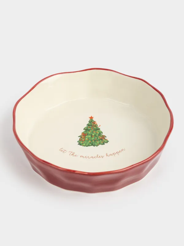 Пісіруге арналған ыдыс, 23х6 см, керамика, дөңгелек, қою қызыл, Жылқысы бар шырша, Christmas tree, image-1