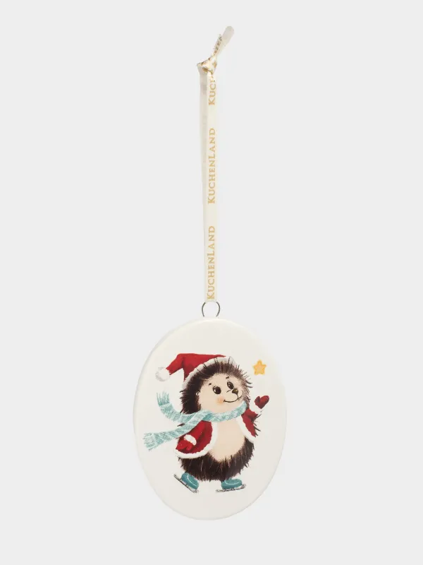 Шырша ойыншығы, 8 см, керамика, ақ, Коньки киген кірпі, Hedgehog christmas, image-0