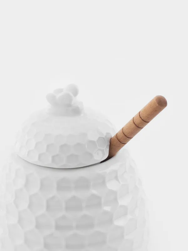 Банка для меда, 400 мл, с ложкой, фарфор P/бамбук, Соты, Honey , image-2