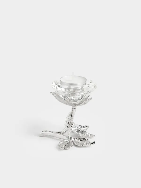 Шам ұстағыш, 9 см, шай/жіңішке шамға арналған, аяқты, хрусталь шыны/металл, Гүл, Diamond, image-6