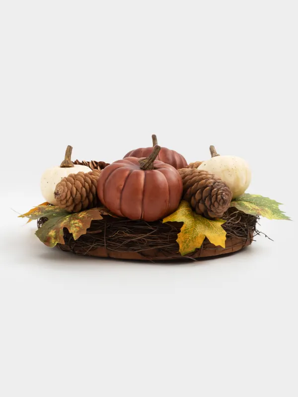 Сәндік гүл шоғы, 10/21 см, пенопласт/полиэстер, Шырша бүршіктері мен жапырақтары бар асқабақтар, Autumn fusion, image-2