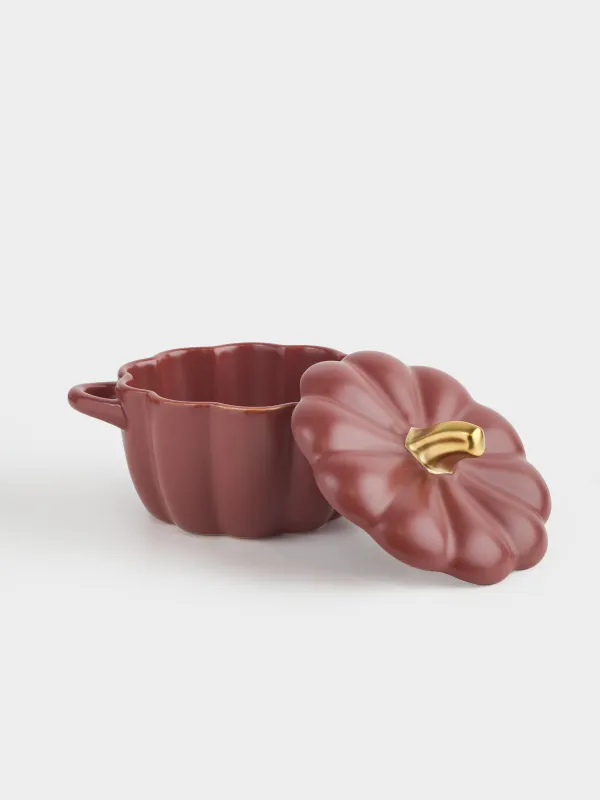 Кокотница, 11 см, 340 мл, с крышкой, керамика, бордово-золотистая, Тыква, Gourd, image-2