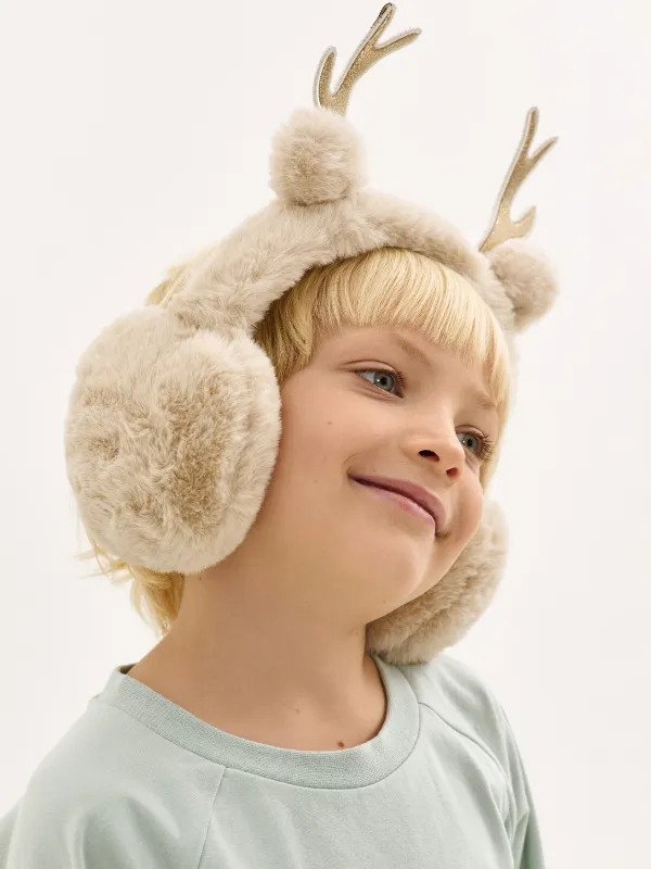 Наушники меховые, 30 см, искусственный мех/полиэстер, бежевые, Рожки, Deer toy, image-1