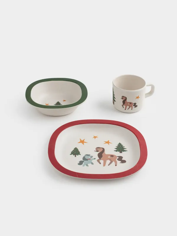 Ыдыс-аяқ жинағы, балаларға арналған, 3 дана, бамбук, қызыл-жасыл, Шыршасы бар жылқылар, Little horse, image-1