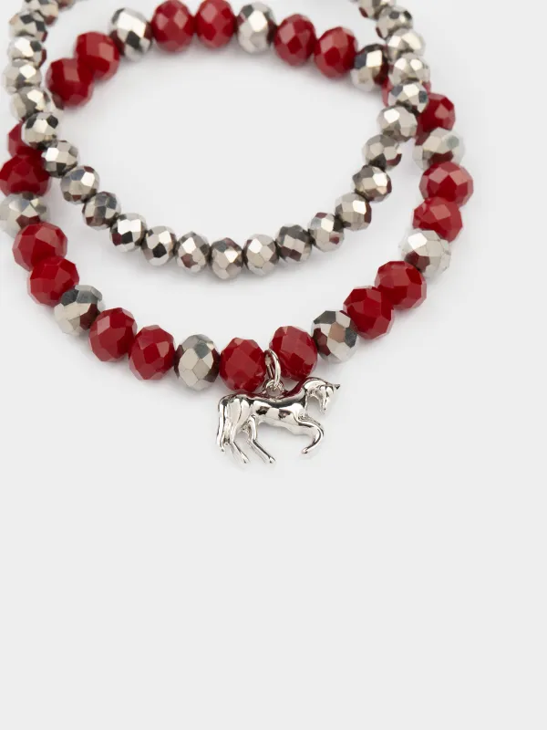 Набор браслетов, 18 см, 2 шт, стекло/металл, серебристо-красный, Лошадь, Pearl color, image-1