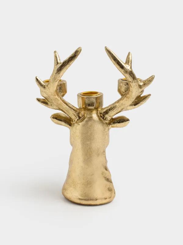 Подсвечник, 21 см, 3 тонкие свечи, полирезин, золотистый, Голова оленя, Deer gold, image-5