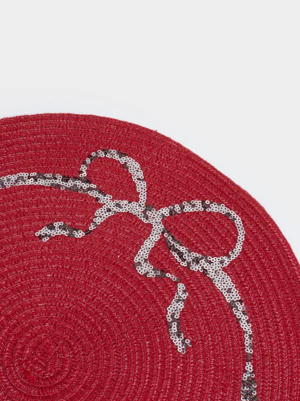 Салфетка под приборы, 38 см, с пайетками, полиэстер/пластик, круглая, красная, Бант, Rotary, image-1
