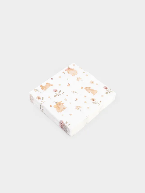 Қағаз майлықтар, 33х33 см, 20 дана, төртбұрышты, ақ, Қояндар мен гүлдер, Easter, image-1