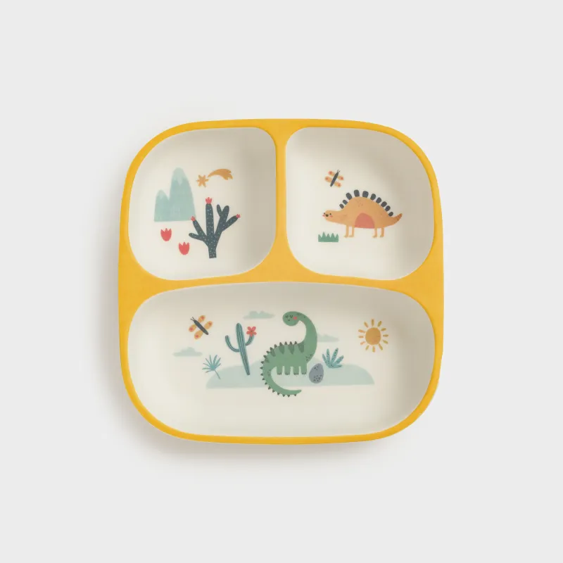 Тарелка обеденная, детская, 18 см, 3 отд, бамбук, квадратная, желтая, Динозавры, Dino