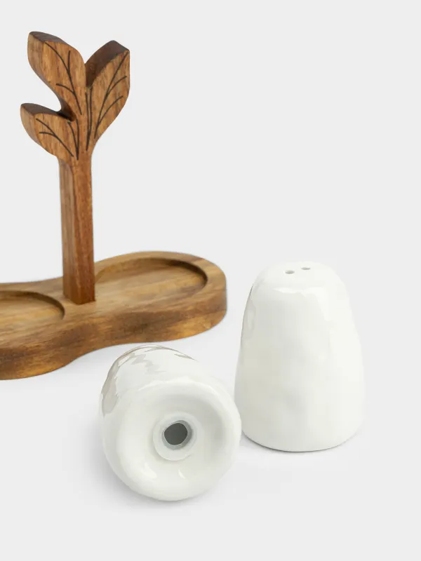 Набор для соли и перца, 7 см, на подставке, фарфор P/дерево, молочный, Ветвь, Noble tree, image-2