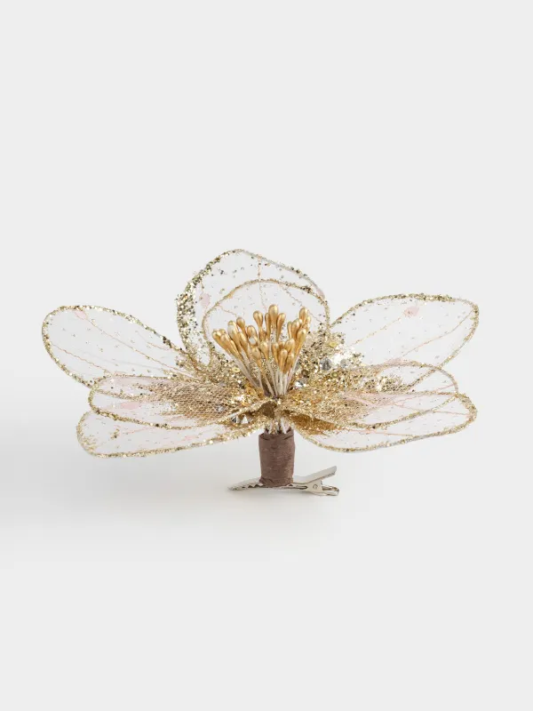 Сәндік әшекей, 18 см, қыстырғышта, полиэстер/пенопласт, алтын, Гүл, Figure sparkle, image-0