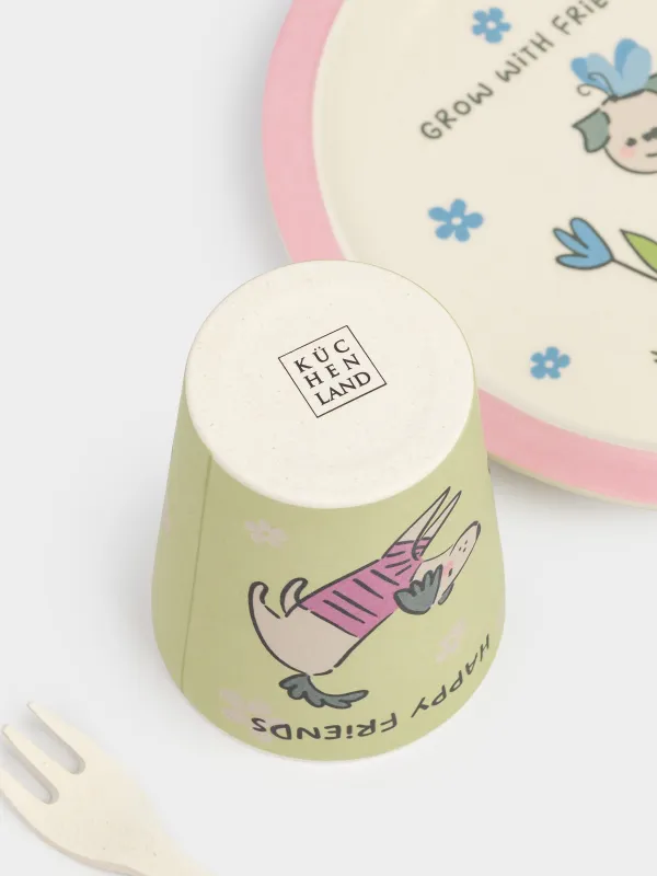 Ыдыс-аяқ жинағы, балаларға арналған, 1 адам, 5 зат, бамбук, қызғылт-жасыл, Иттер, Pretty friends, image-5