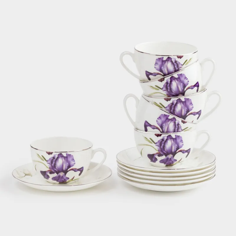 Пара чайная, 6 перс, 12 пр, 300 мл, фарфор F, с серебристым кантом, Ирис, Antarctica Flowers