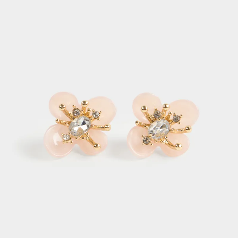 Серьги-пусеты, 3 см, 2 шт, металл/циркон/акрил, розовые, Цветок, Jewelry flower
