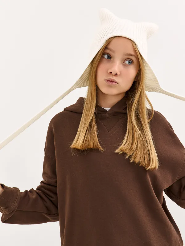 Шапка детская, единый размер, с завязками, вискоза/полиэстер/нейлон, экрю, Ушки, Knitting, image-2