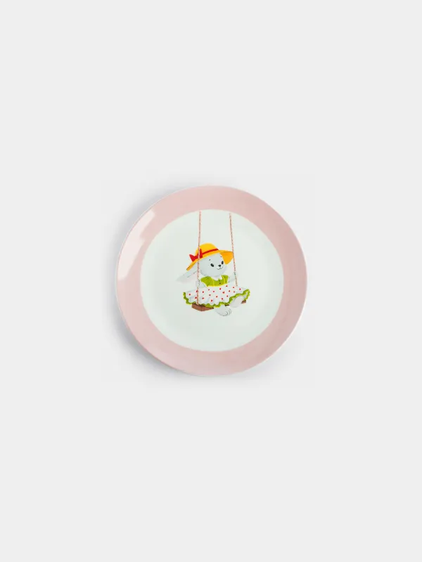 Балаларға арналған тіскебасар тәрелкесі, 19 см, фарфор N, ақ және қызғылт, Әткеншектегі қоян, Ideas life, image-0