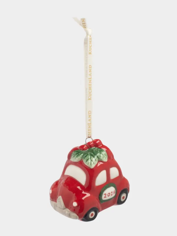 Игрушка елочная, 7 см, керамика, красная, Машина с венком, Figure christmas, image-3