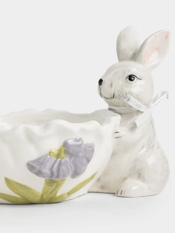 Кәмпит ыдысы, 20х13 см, керамика, сүт түстес және сұр, Гүлдері бар қоян, Easter, image-2