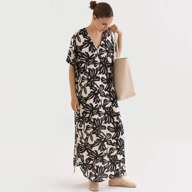 Платье, макси, бежево-черное, Цветы, Almi