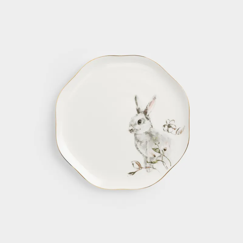 Түскі ас тәрелкесі, 28 см, фарфор F, ақ, алтын жиектері бар, Гүлдер арасындағы қоян, Easter