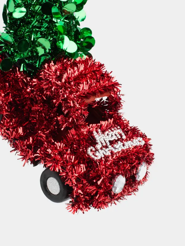 Игрушка елочная, 15 см, мишура/пластик, красная, Машина с елью, Tinsel christmas, image-1
