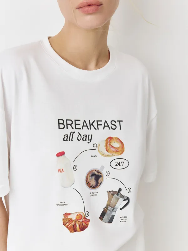 Әйелдер футболкасы, өлшемі L, мақта, сүт түстес, Breakfast all day, Limva, image-1