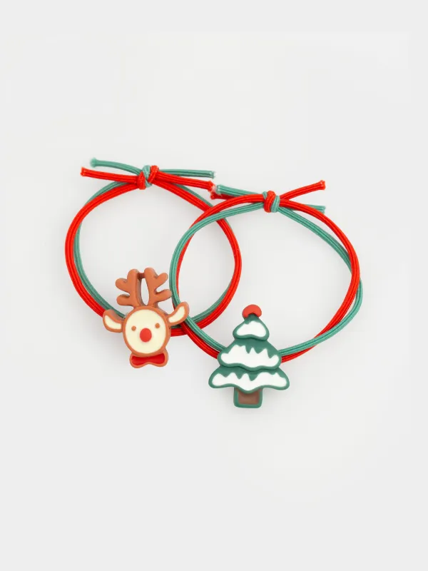 Набор резинок для волос, 5 см, 2 шт, детский, полиэстер/пластик, Елка и олень, Gracile, image-1