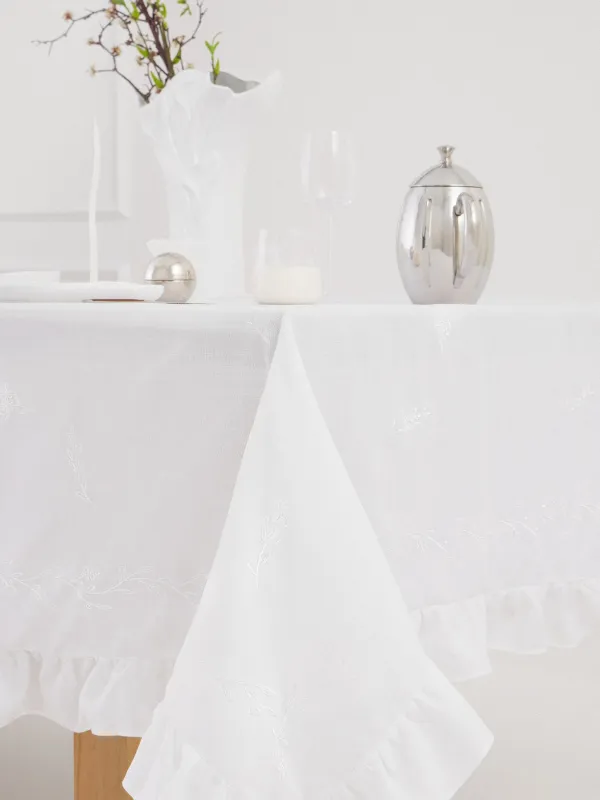 Скатерть, 170х250 см, полиэстер, с рюшами, белая, Цветочные ветви, Wavy branches, image-3