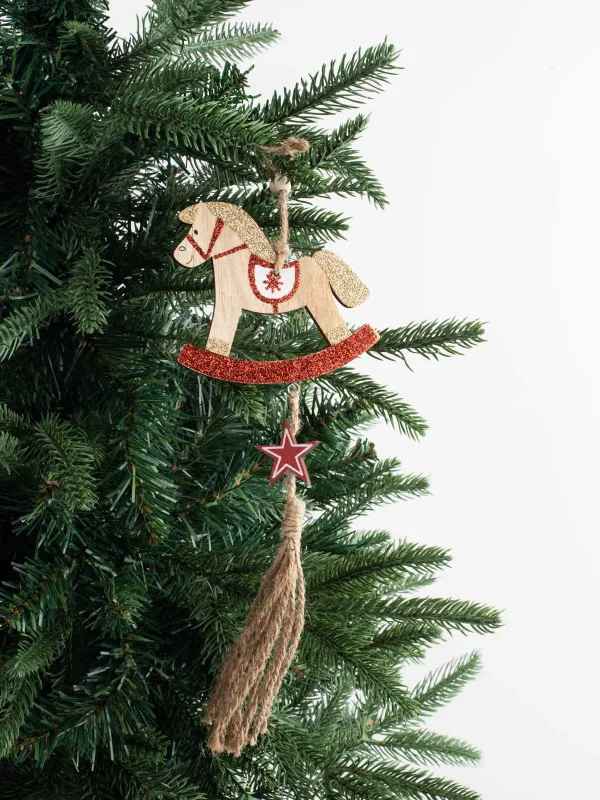 Игрушка елочная, 12 см, с кисточкой, дерево, с блестками, Лошадка, Figure wood, image-2