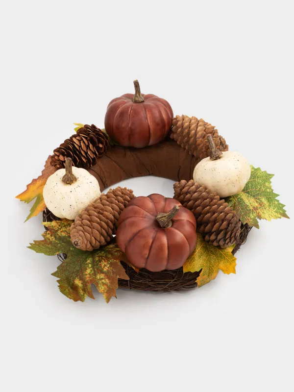 Сәндік гүл шоғы, 10/21 см, пенопласт/полиэстер, Шырша бүршіктері мен жапырақтары бар асқабақтар, Autumn fusion, image-1