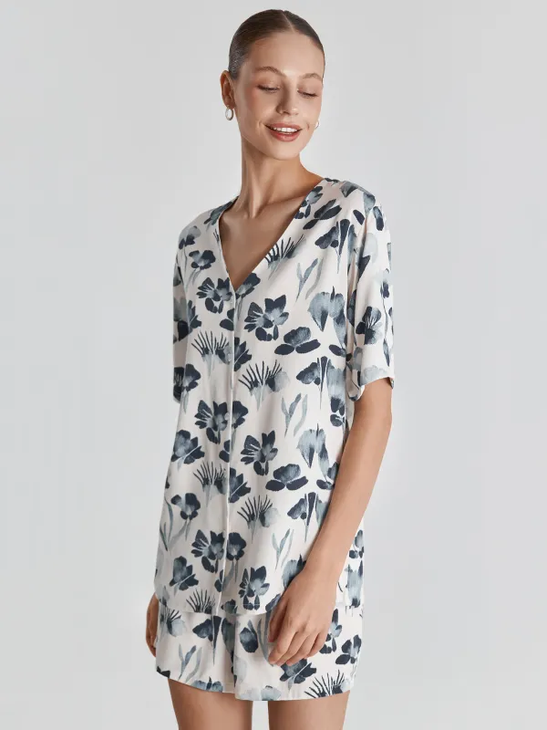 Рубашка женская, с коротким рукавом, вискоза, молочная, Синие цветы, Telia, image-4