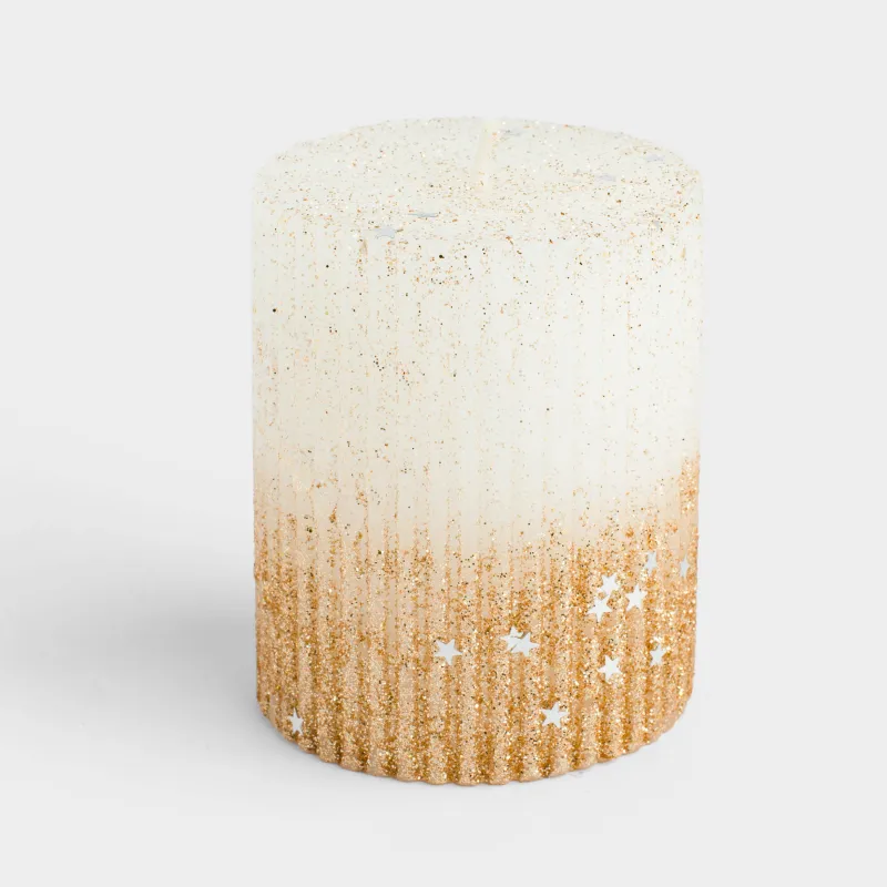 Свеча, 8 см, цилиндрическая, с блестками, молочно-золотистая, Ribbed candle, image-0