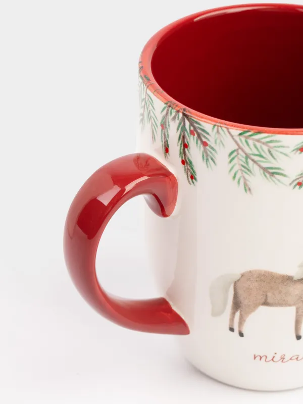 Саптыаяқ, 330 мл, керамика, ақ және қою қызыл, Жылқылар сүйіп жатыр, Horse christmas, image-1