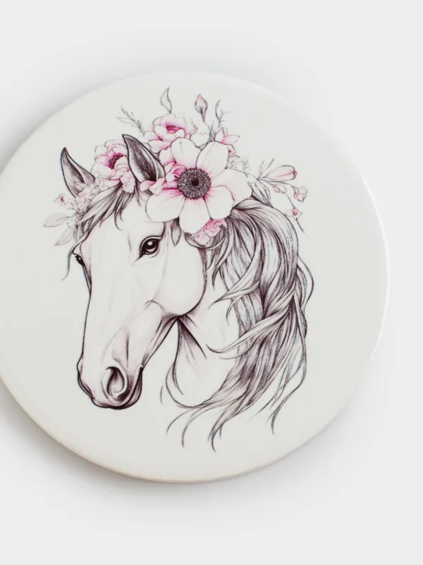 Подставка под кружку, 11 см, круглая, керамика/пробка, белая, Лошадь в венке, Horse in flowers, image-3