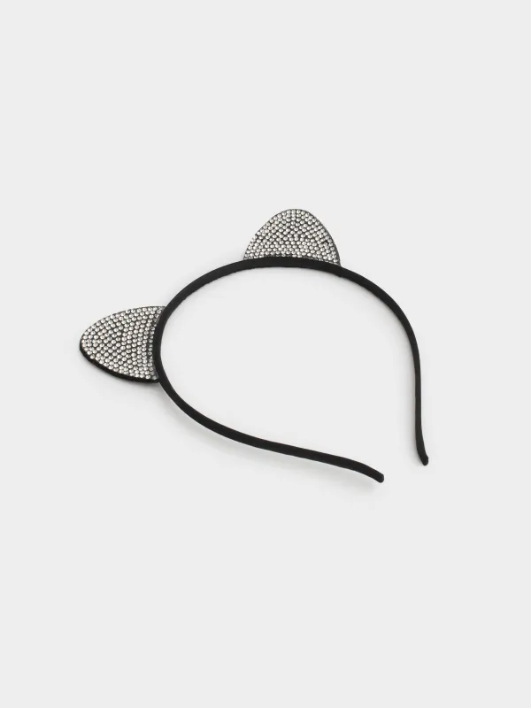 Карнавал тоғыншағы, 12х14 см, балаларға арналған, полиэстер/металл/страздар, қара, Мысық құлақтары, Cat, image-1