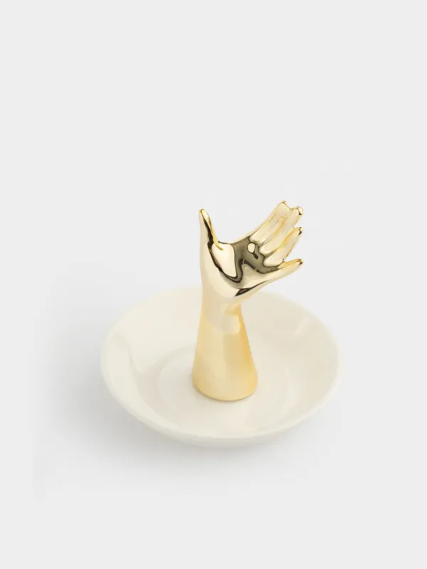 Зергерлік бұйымдар ұстағышы, 10 см, керамика, ақ және алтын, Қол, Hand, image-1