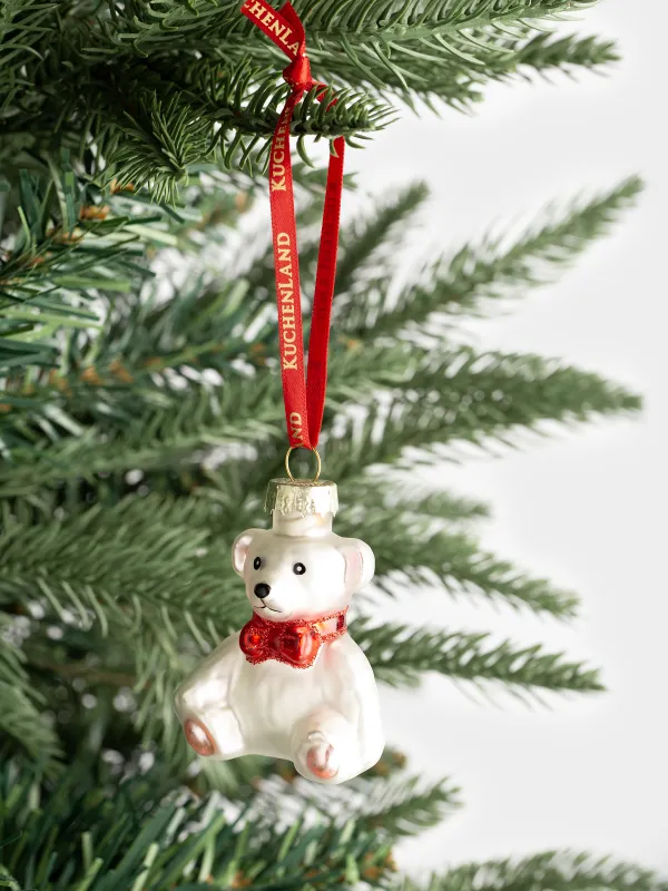 Шырша ойыншығы, 4 см, шыны, жылтырақтары бар, ақ, Бантигі бар аю, Figure christmas, image-3